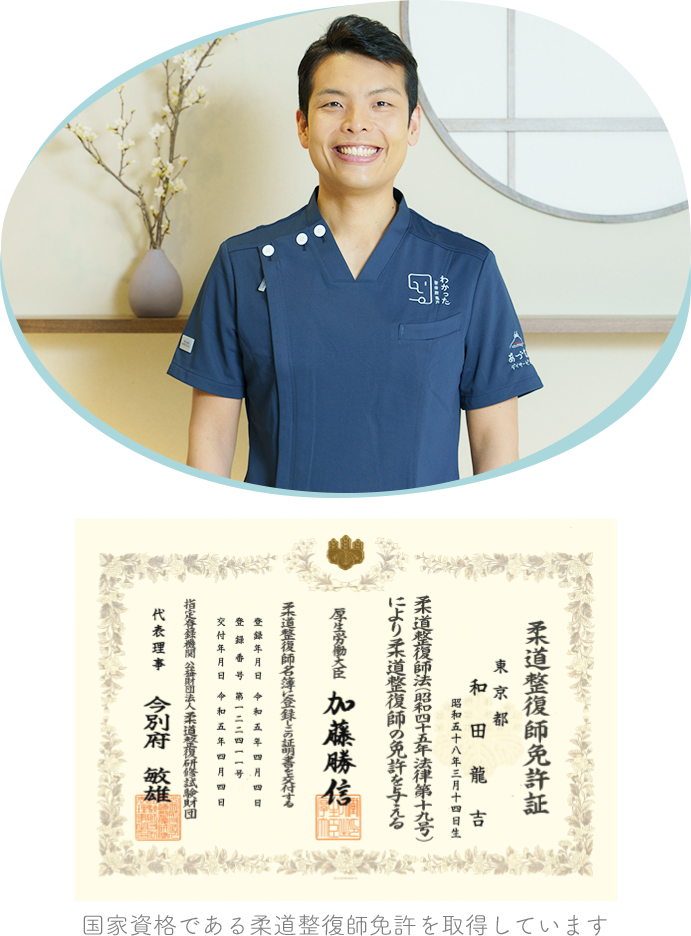 ３Ｐｏデイサービス 亀戸中央店の代表である和田龍吉と和田の柔道整復師（国家資格）の免許