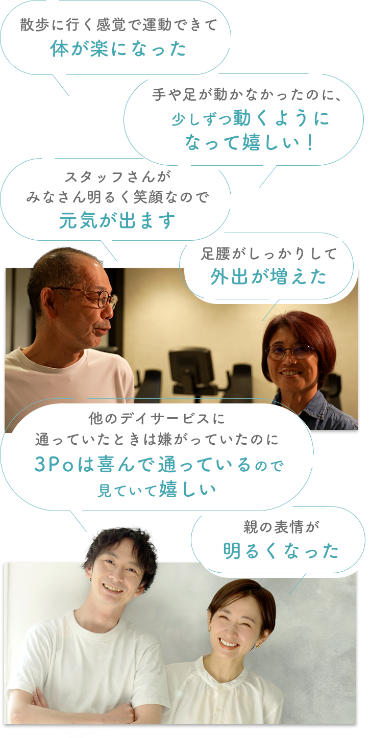 散歩に行く間隔で運動が出来た！手足が動くようになった！親が喜んで通ってくれている！元気が出る！など嬉しい声が多数